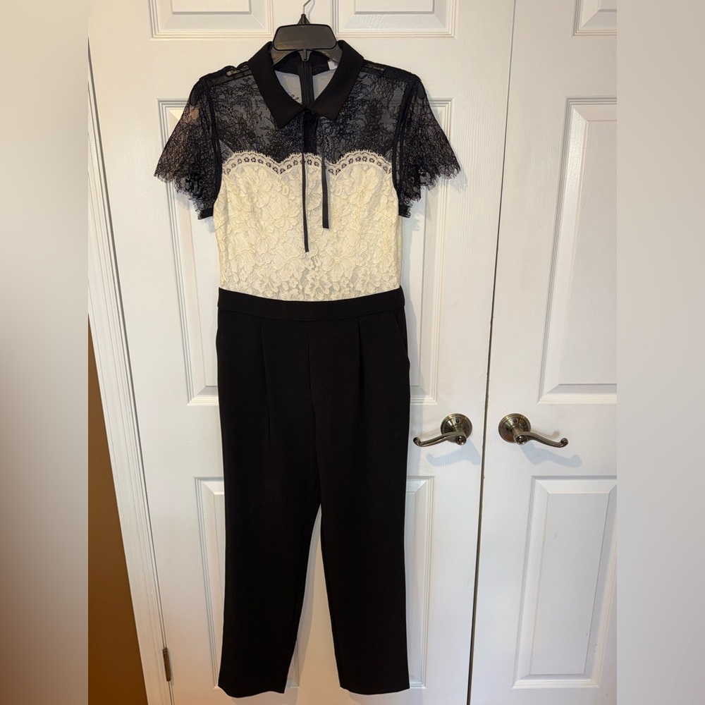 Too Tang Black & Ivory Lace Collared Jumpsuit